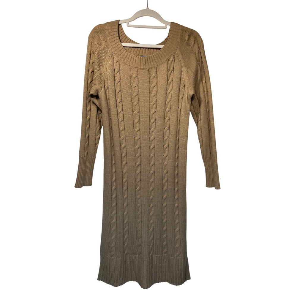 a.n.a Cable Knit Long Sleeve Sweater Dress Women's Size L‎ Tan Neutral